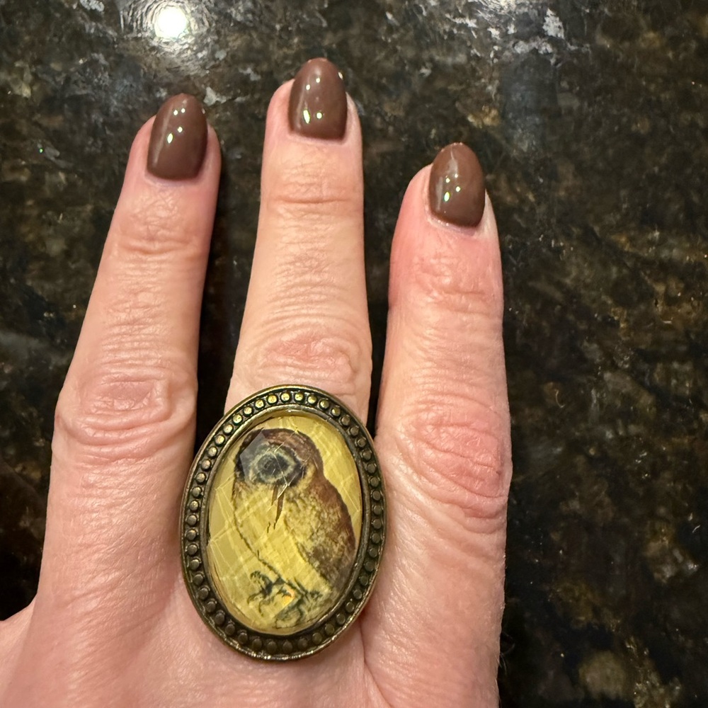 Vintage Owl Ring with Yellow and Brown Accents